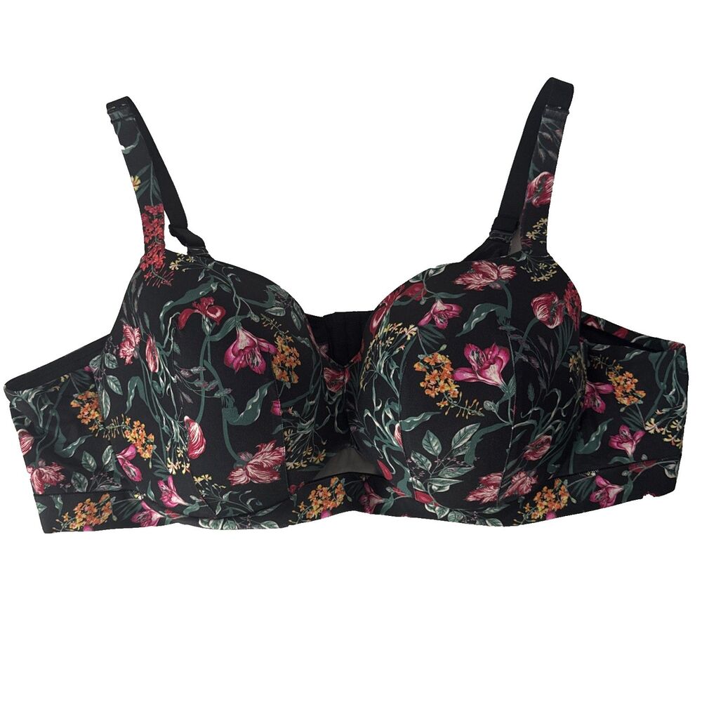 Cacique Lightly Lined Balconette Bra Size 54B Black Colorful Florals